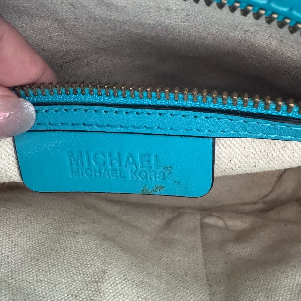 Michael Kors Straw Woven Tote Bag Turquoise Leather Gold Chain Small Summer Bag - Picture 13 of 14